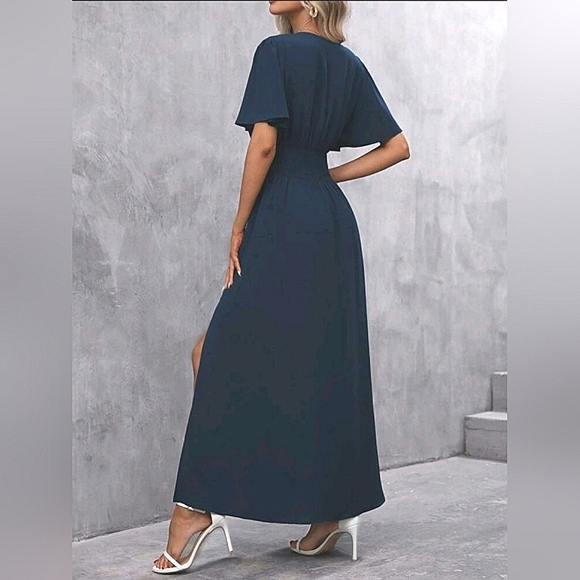 NEW Chic Ruched Waist Flutter Sleeve Maxi Dress Navy Blue - Picture 6 of 9
